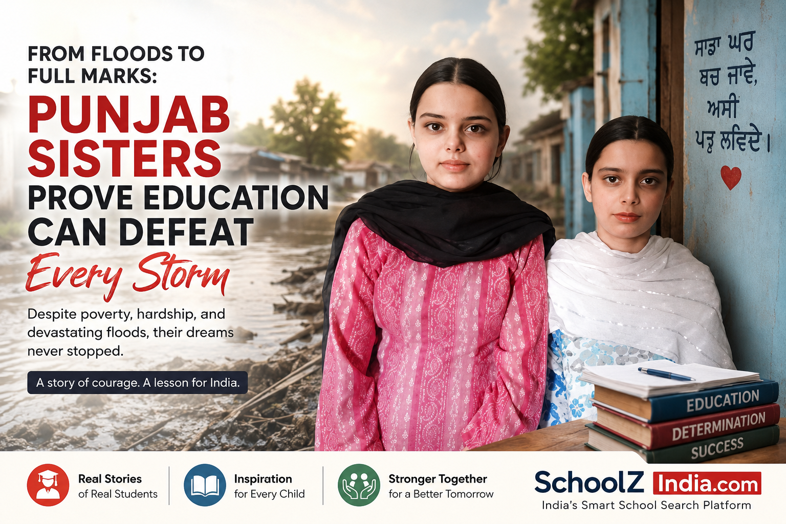 Inspiring featured blog image of two flood-affected Punjab sisters standing confidently with books, symbolizing resilience, education, and academic success despite poverty and hardship. Designed for SchoolZIndia.com educational inspiration blog.